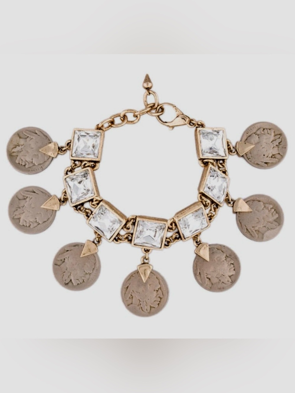 RARE!  Lulu Frost Vintage Buffalo Nickel & Clear Crystal Statement Bracelet